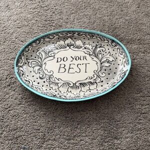 Molly Hatch "Do Your Best" Oval Serving Platter Turquoise‎ Border Black White
